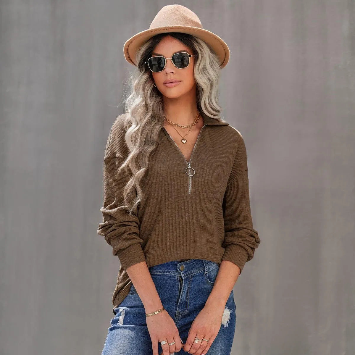 Half Zipper Up Long Sleeve Knit Pullover Top Jewelry Bubble