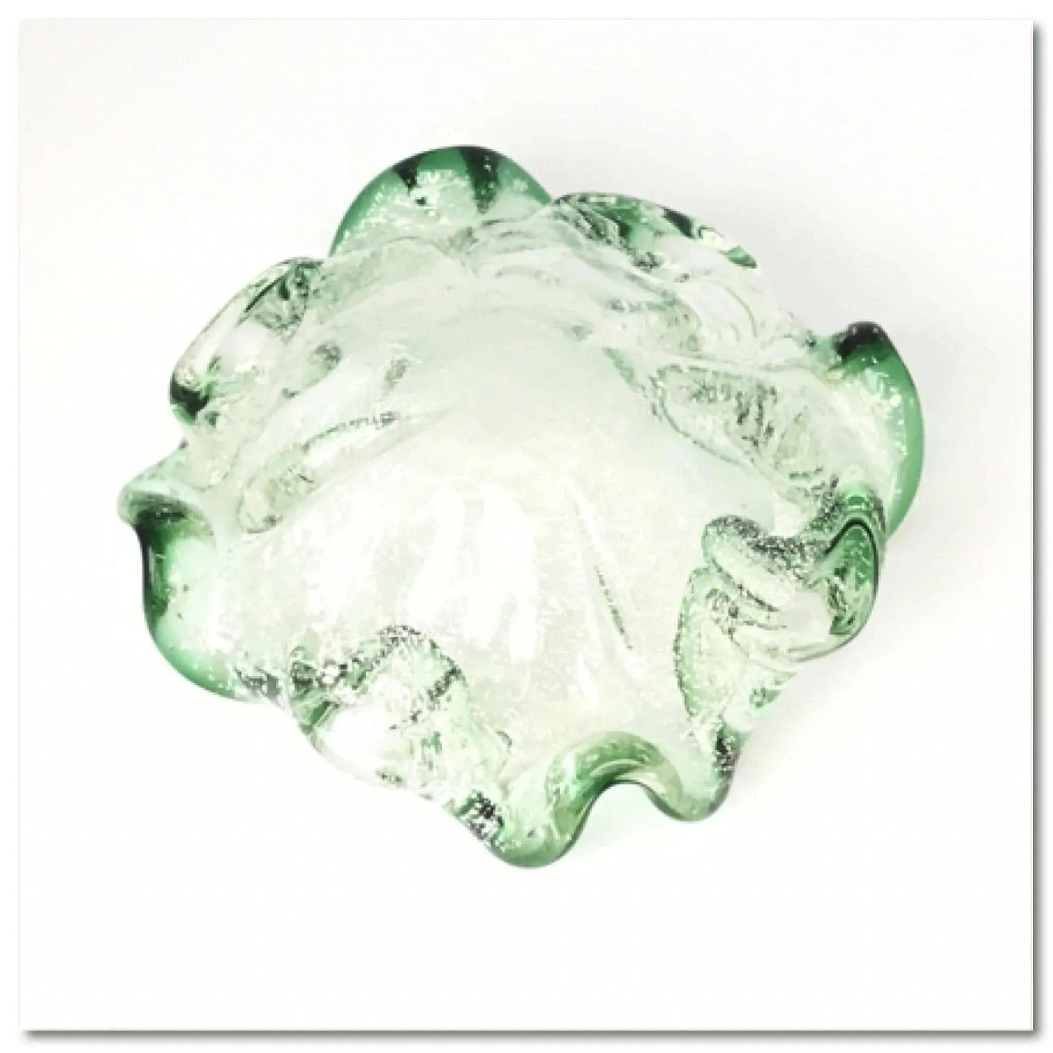 Hand Blown green and clear vintage Murano glass ashtray bowl
