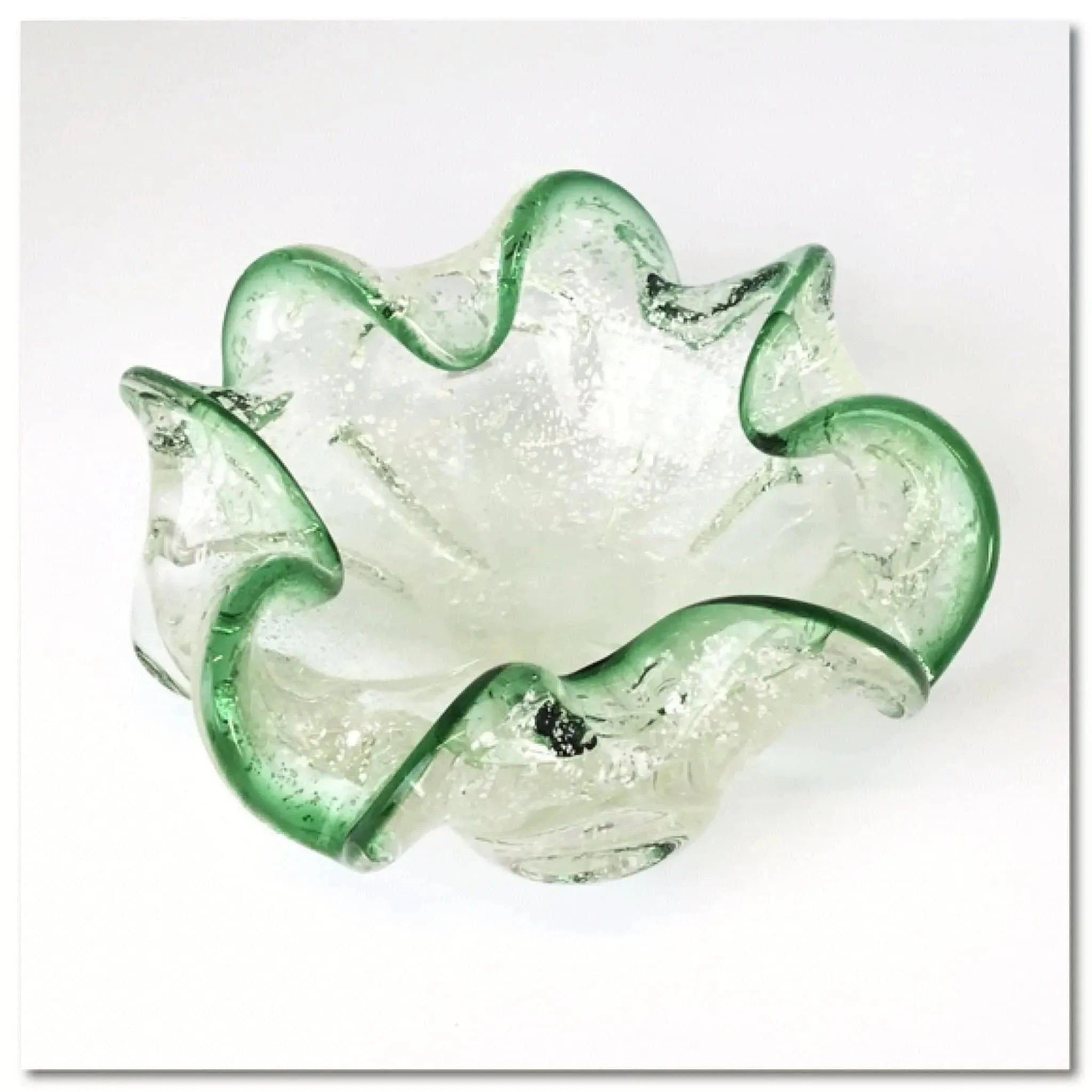 Hand Blown green and clear vintage Murano glass ashtray bowl