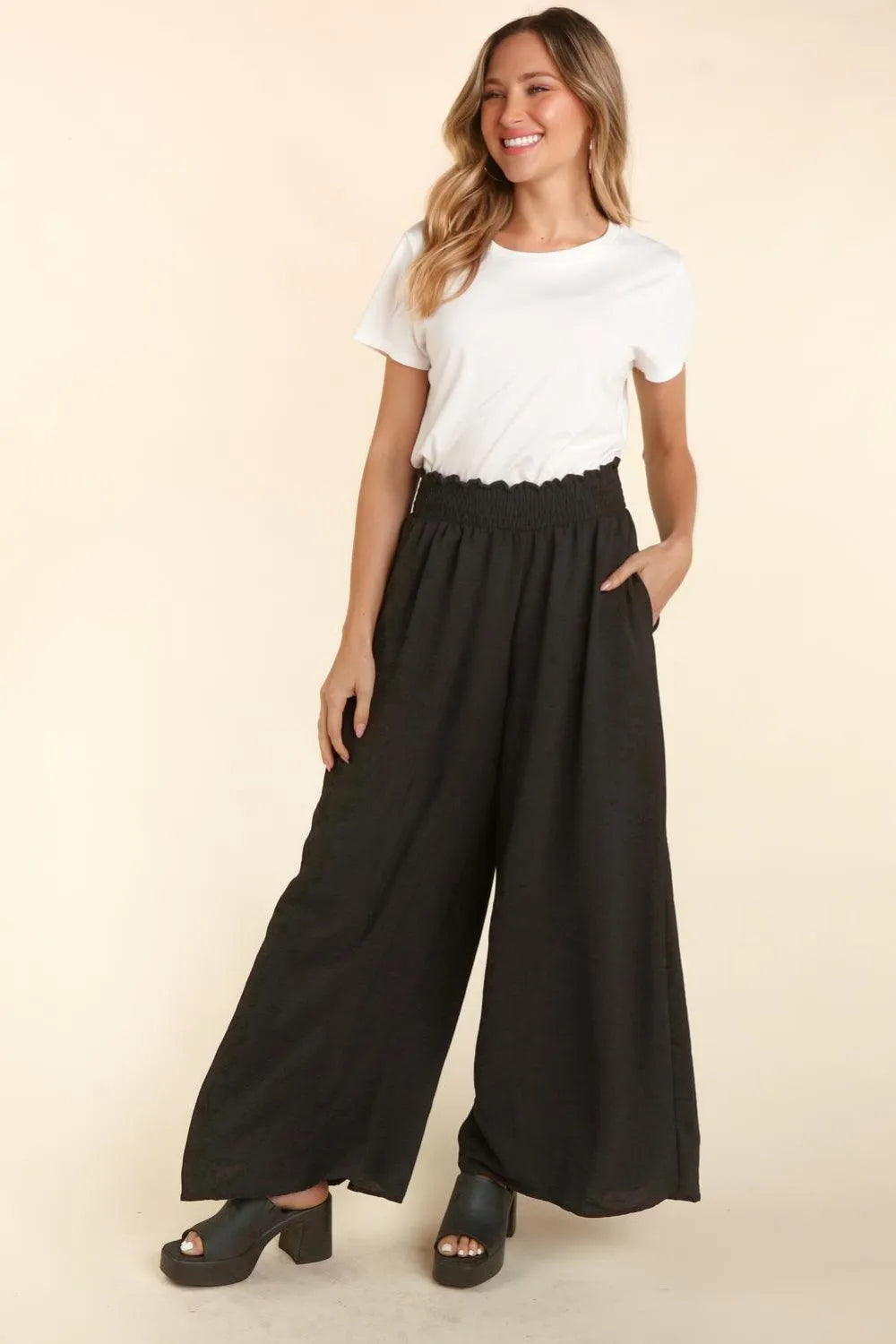 Haptics Elastic Waist Wide Leg Pants with Pockets in Black for Women Jewelry Bubble