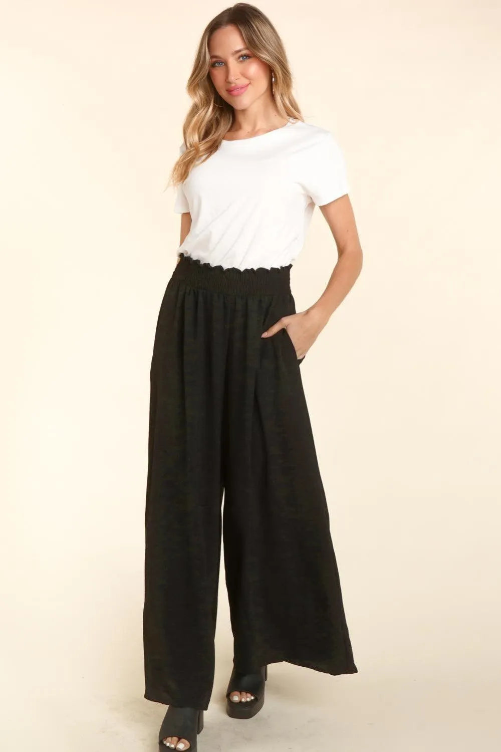 Haptics Elastic Waist Wide Leg Pants with Pockets in Black for Women Jewelry Bubble