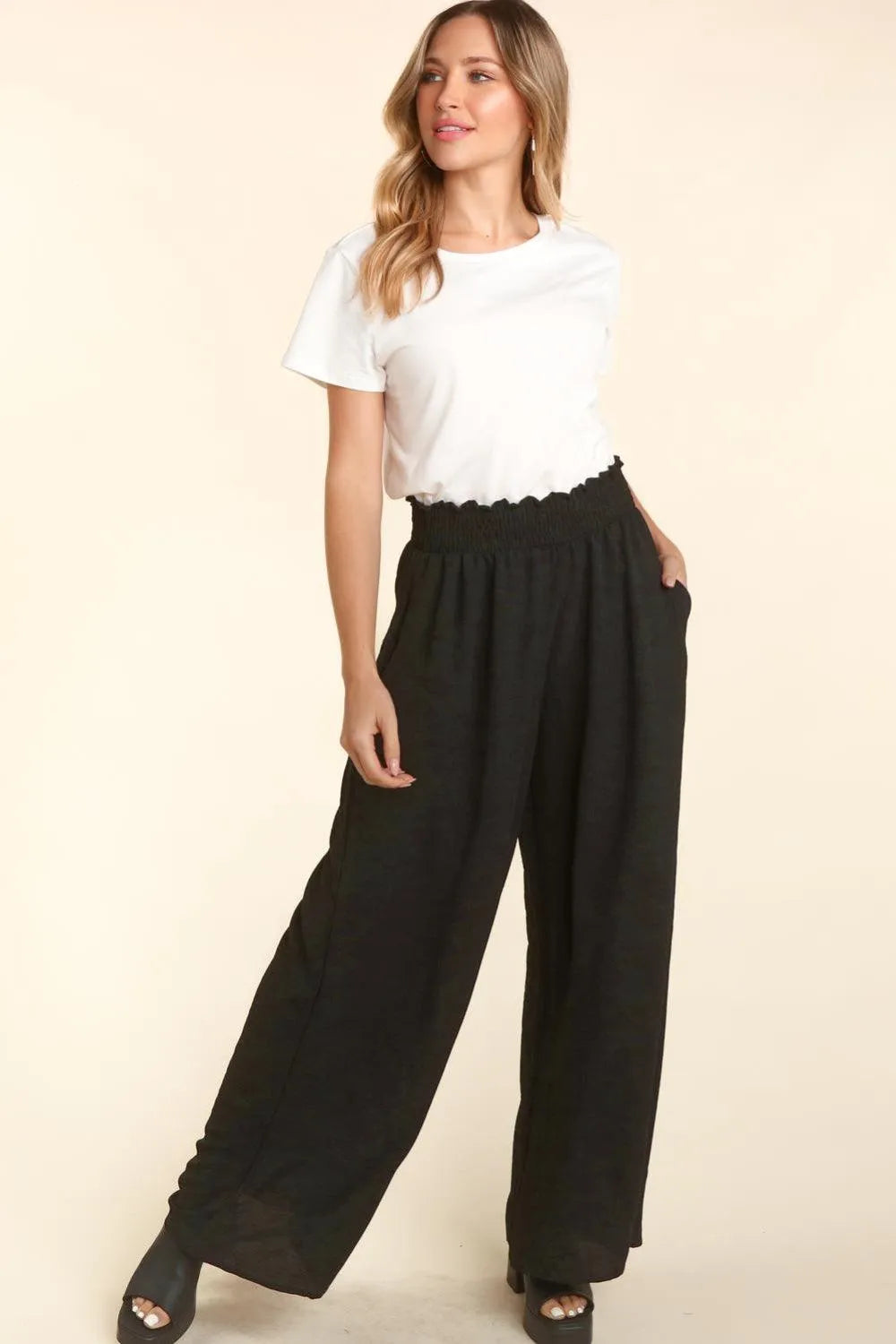 Haptics Elastic Waist Wide Leg Pants with Pockets in Black for Women Jewelry Bubble