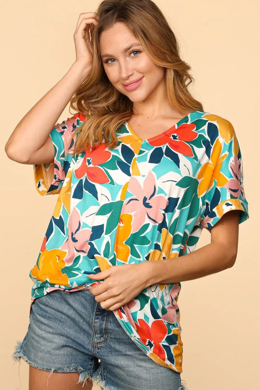 Haptics Printed V-Neck Short Sleeve Top Jewelry Bubble