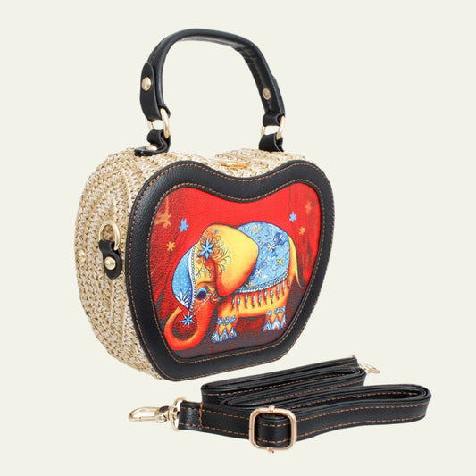 Boho Apple Silhouette Straw Purse | Decorative Rajasthani Art Handbag | Structured Natural Fiber Crossbody with Traditional Indian Elephant Design Pinktown