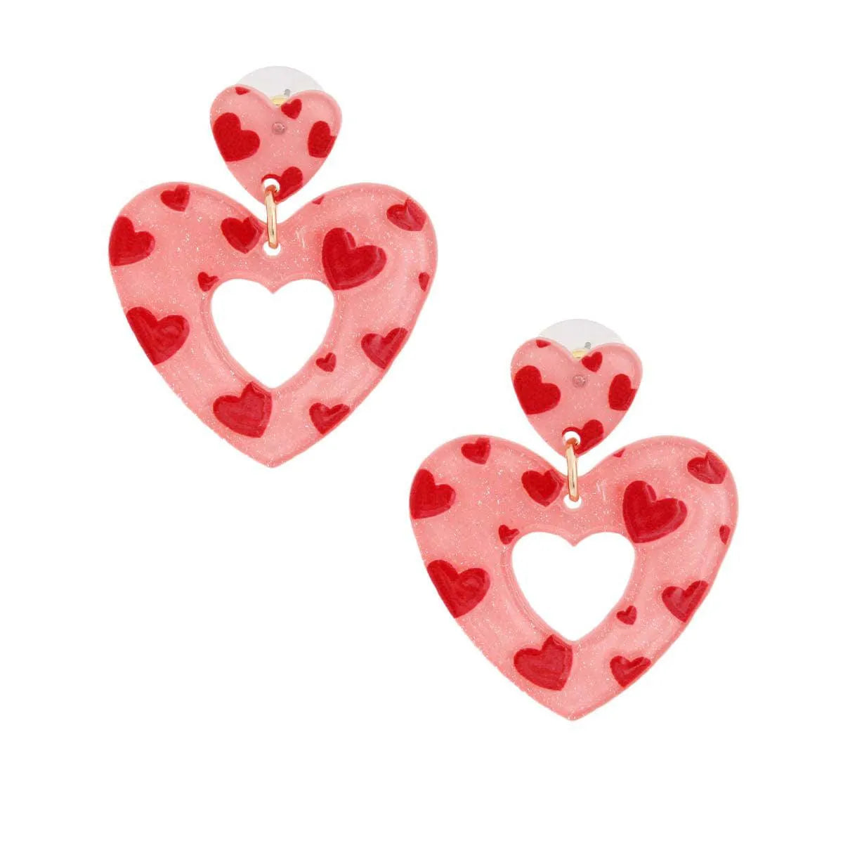 Heart Stud Earrings with Dangling Pink and Red Open-heart Jewelry Bubble