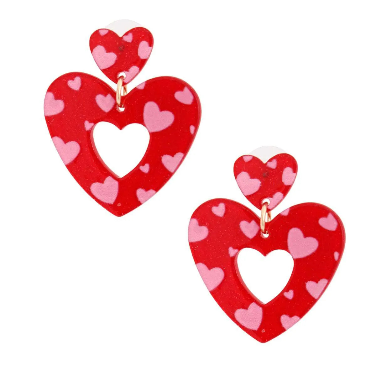 Heart Stud Earrings with Dangling Red and Pink Open-heart Jewelry Bubble