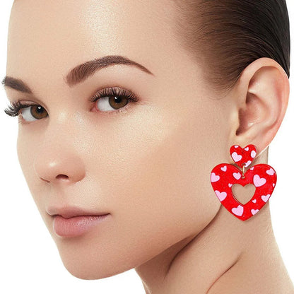 Heart Stud Earrings with Dangling Red and Pink Open-heart Jewelry Bubble