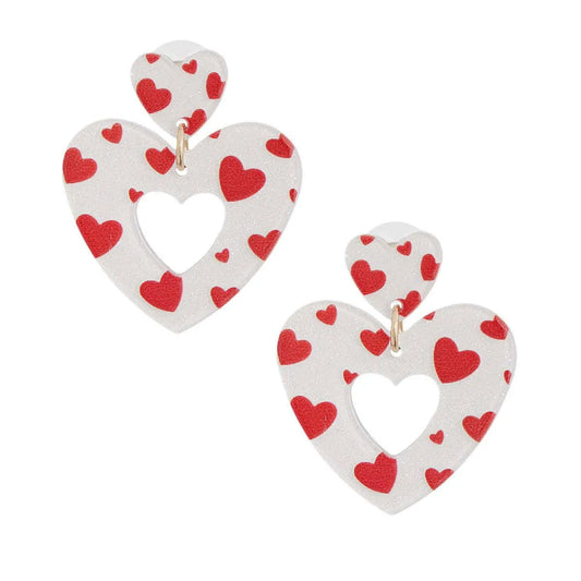 Heart Stud Earrings with Dangling White and Red Open-heart Jewelry Bubble