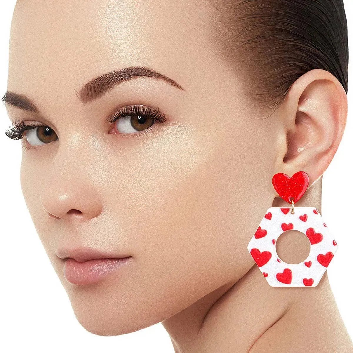 Heart Stud White Open Hex Dangling Earrings