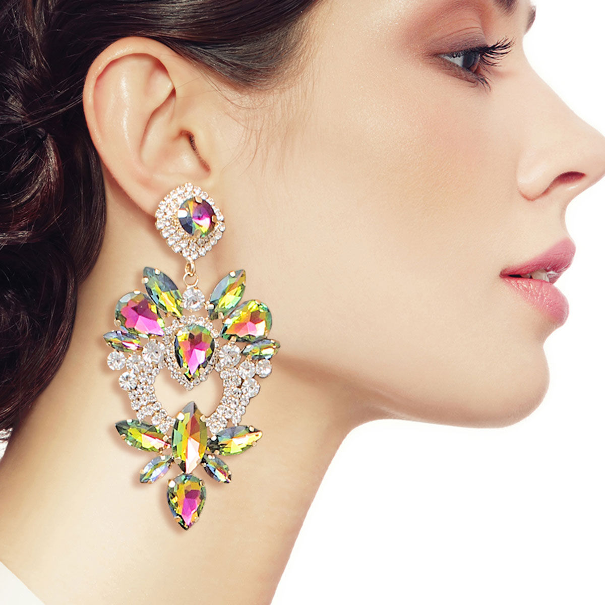 Heart Shape Drop Earrings Pink Green Crystals Statement