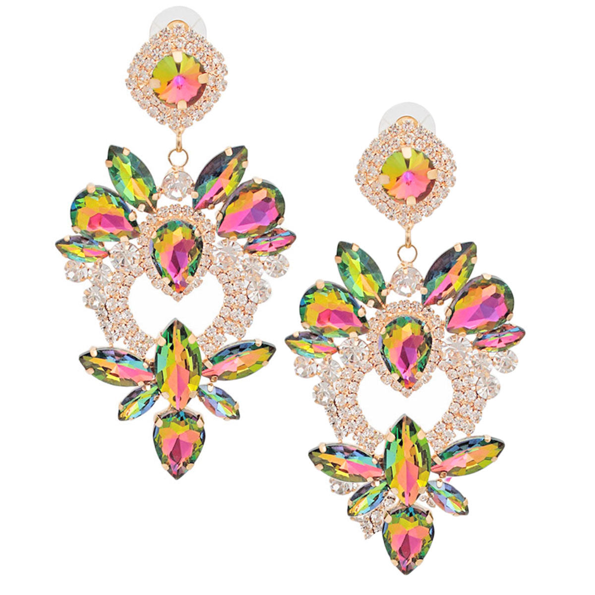 Heart Shape Drop Earrings Pink Green Crystals Statement