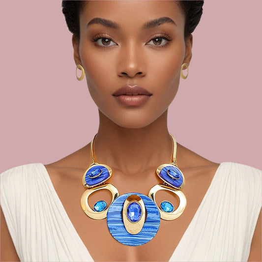 Herringbone Chain Necklace Blue & Gold Circular Bib - Women's Fashion Jewelry Jewelry Bubble