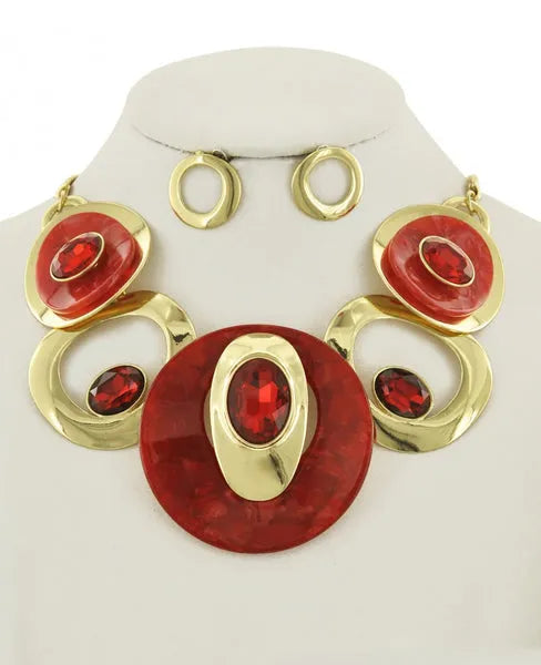 Herringbone Chain Necklace Red & Gold Circular Bib - Women's Fashion Jewelry Jewelry Bubble