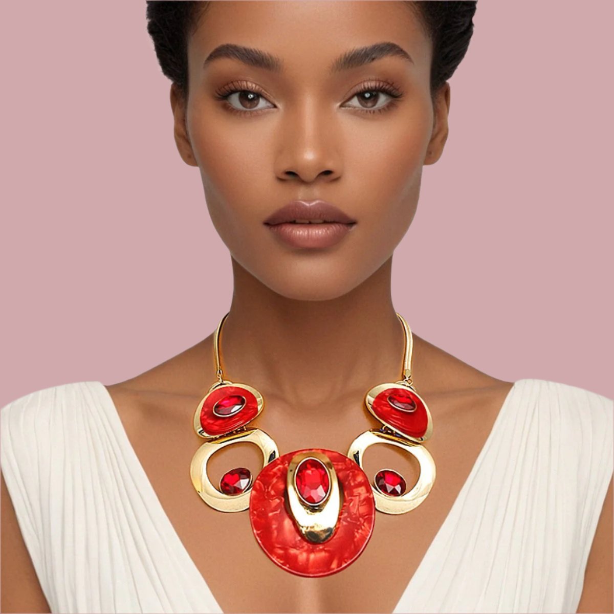 Herringbone Chain Necklace Red & Gold Circular Bib - Women's Fashion Jewelry Jewelry Bubble