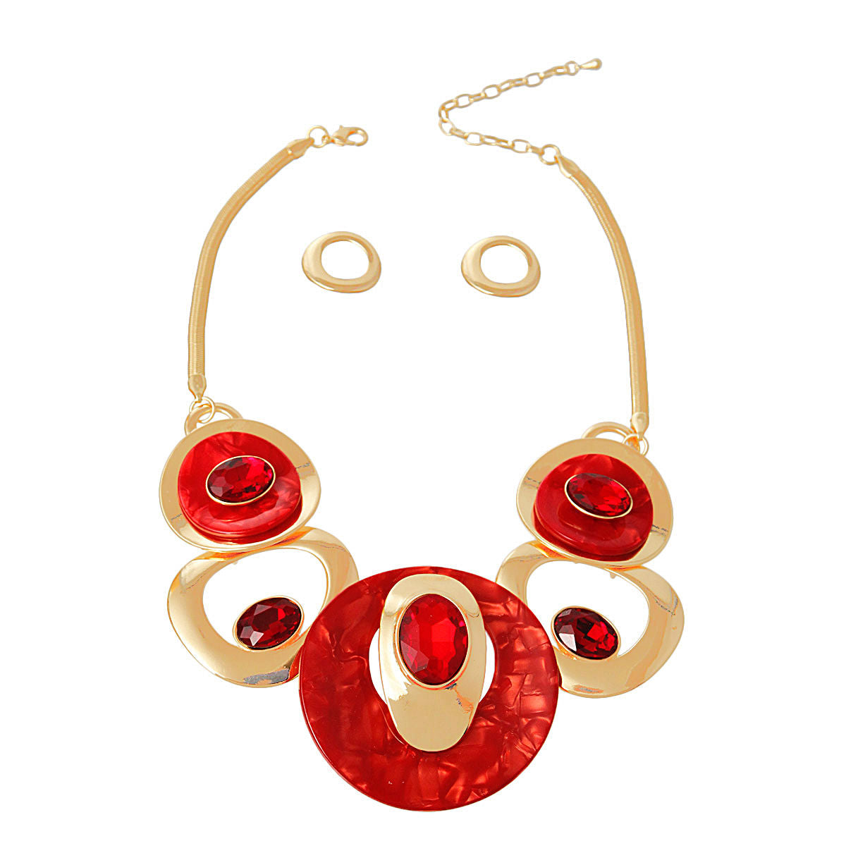 Herringbone Chain Necklace Red & Gold Circular Bib - Women's Fashion Jewelry Jewelry Bubble