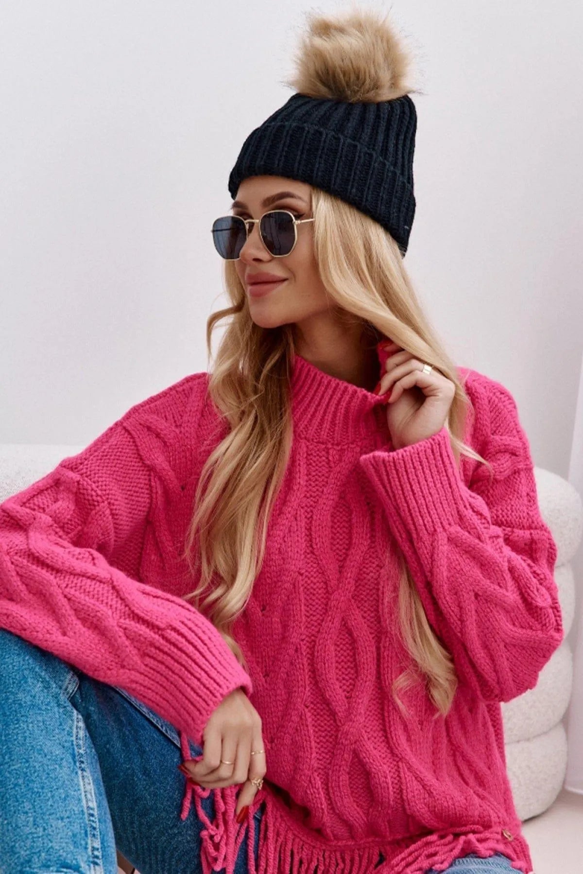 High Neck Cable Knit Tasseled Sweater Rose Jewelry Bubble