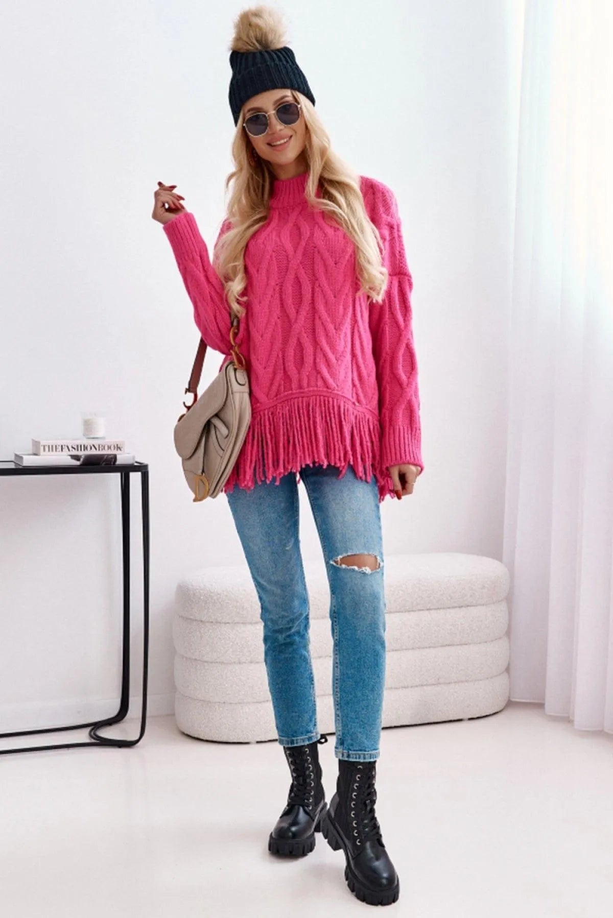 High Neck Cable Knit Tasseled Sweater Rose Jewelry Bubble