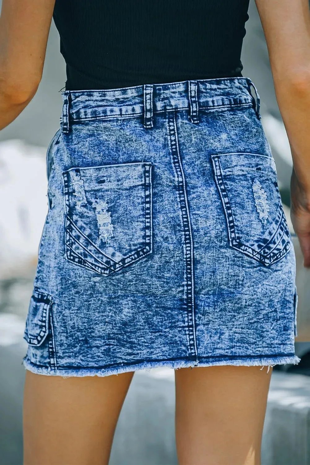 High Waist Distressed Denim Mini Skirt With Pocket