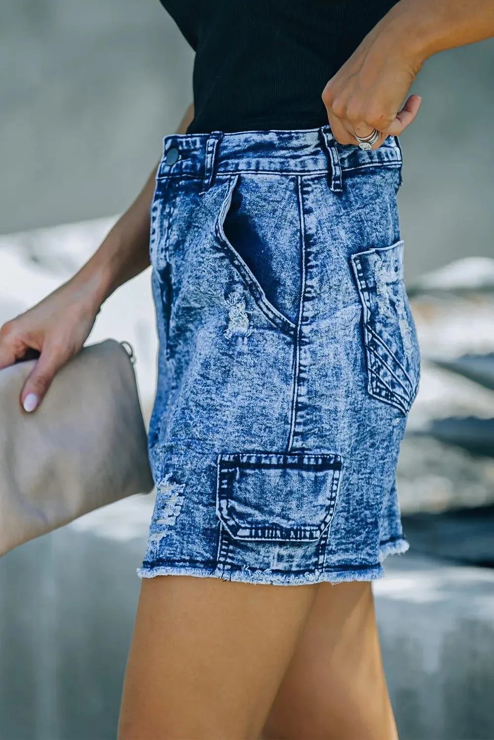 High Waist Distressed Denim Mini Skirt With Pocket