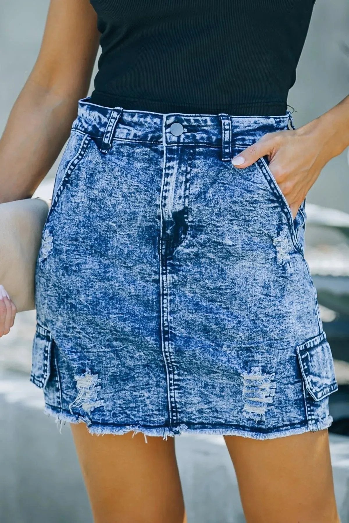 High Waist Distressed Denim Mini Skirt With Pocket