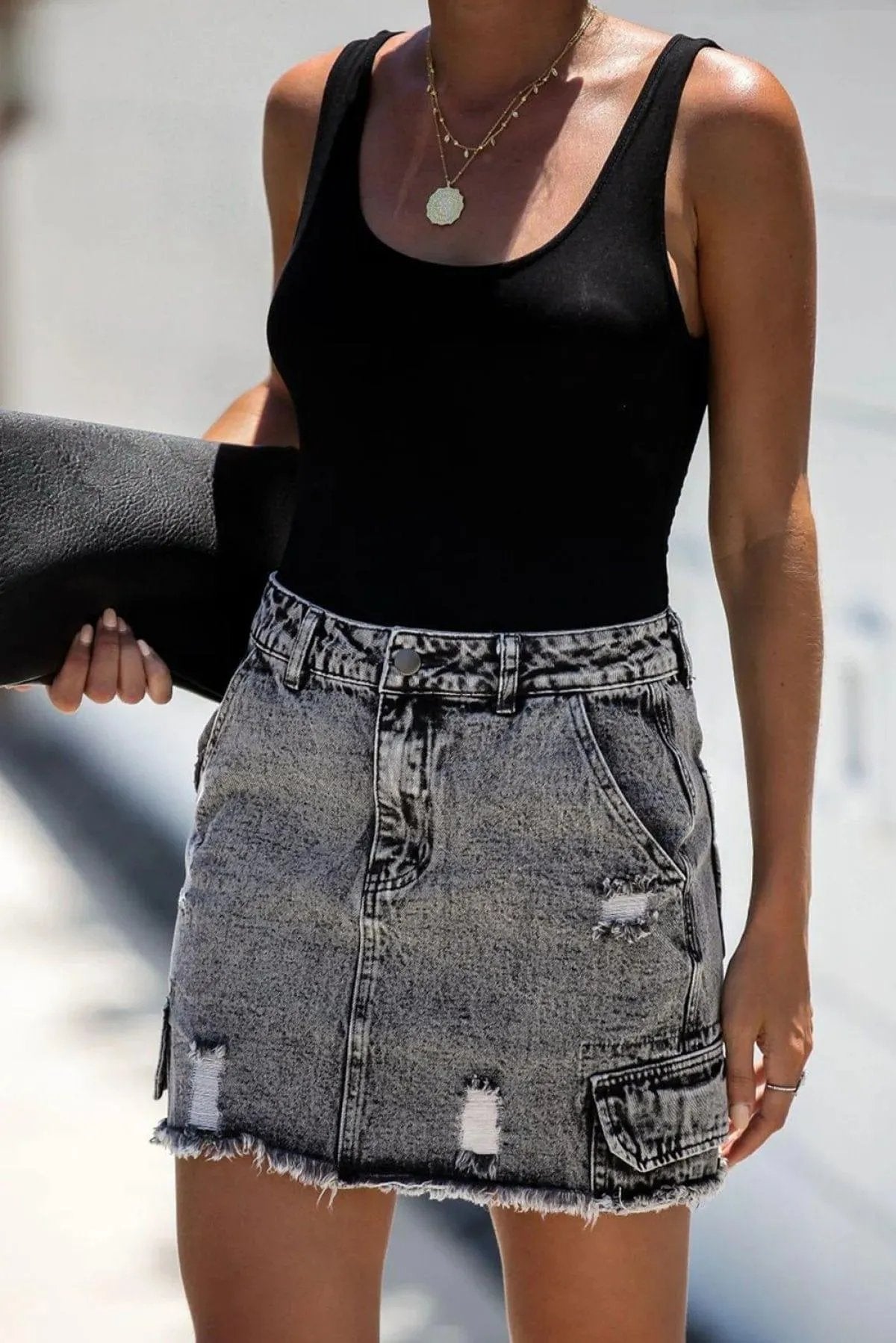 High Waist Distressed Denim Mini Skirt With Pocket