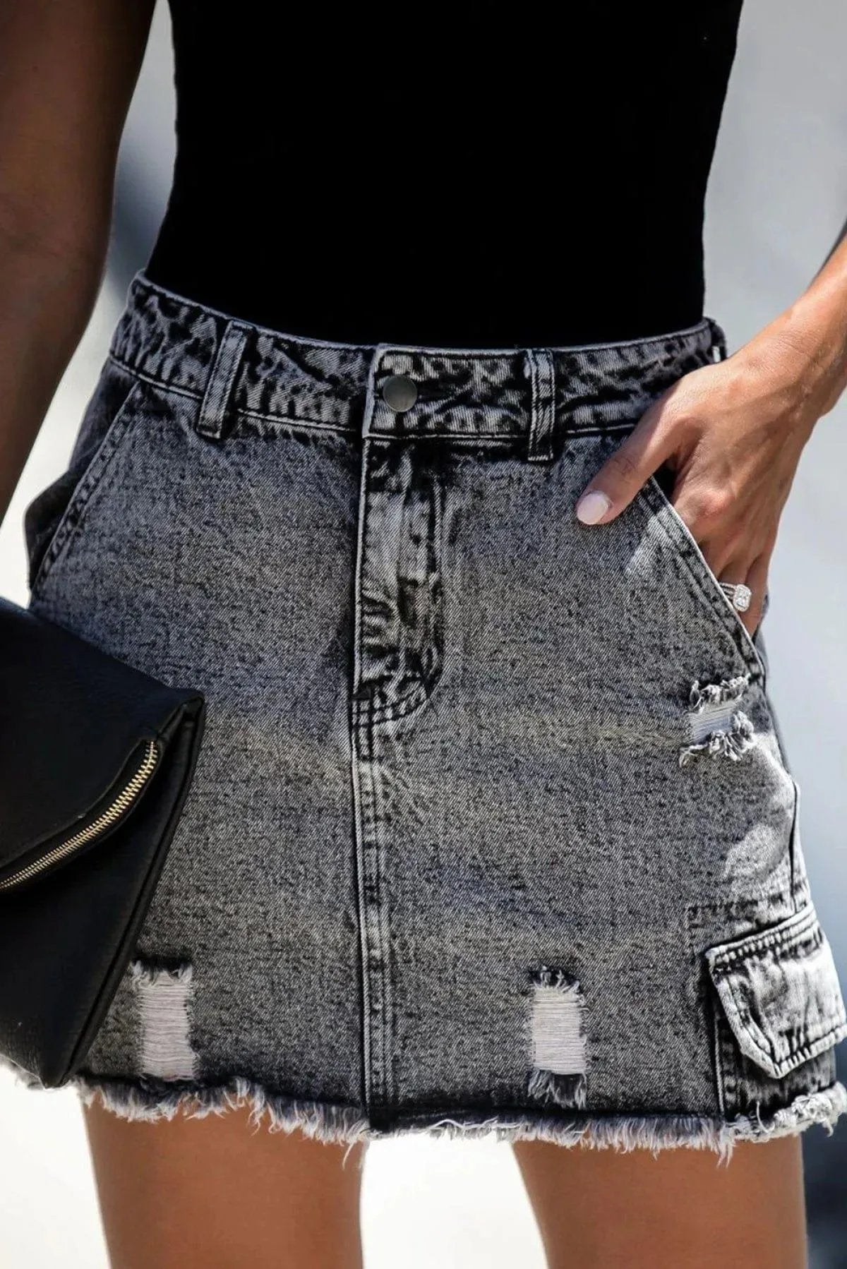 High Waist Distressed Denim Mini Skirt With Pocket