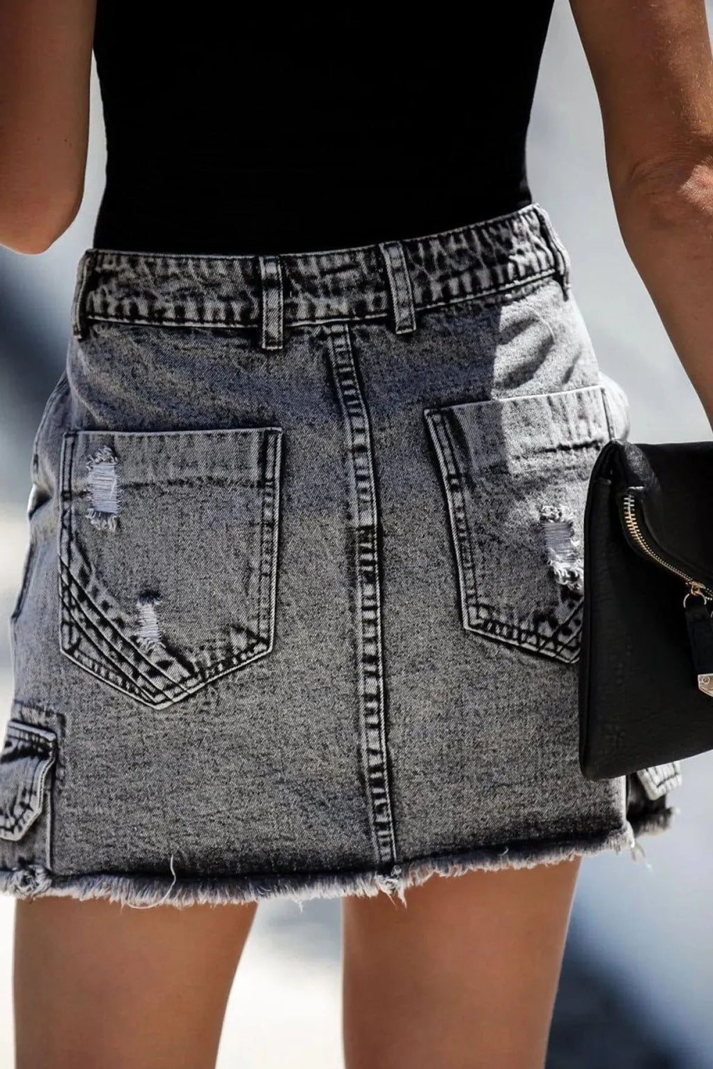High Waist Distressed Denim Mini Skirt With Pocket