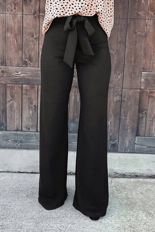 High Waist Front Tie Flared Pants Black Jewelry Bubble