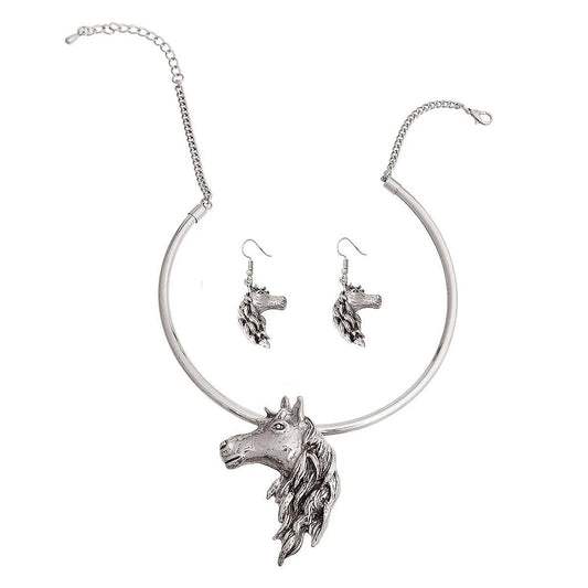 Horse Lovers' Dream: Silver Tone Earrings & Rigid Choker Necklace Set Jewelry Bubble