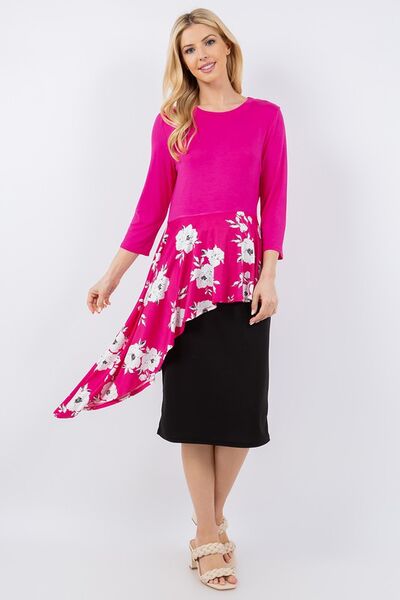 Hot Pink Floral Asymmetrical Hemline Round Neck Top Trendsi