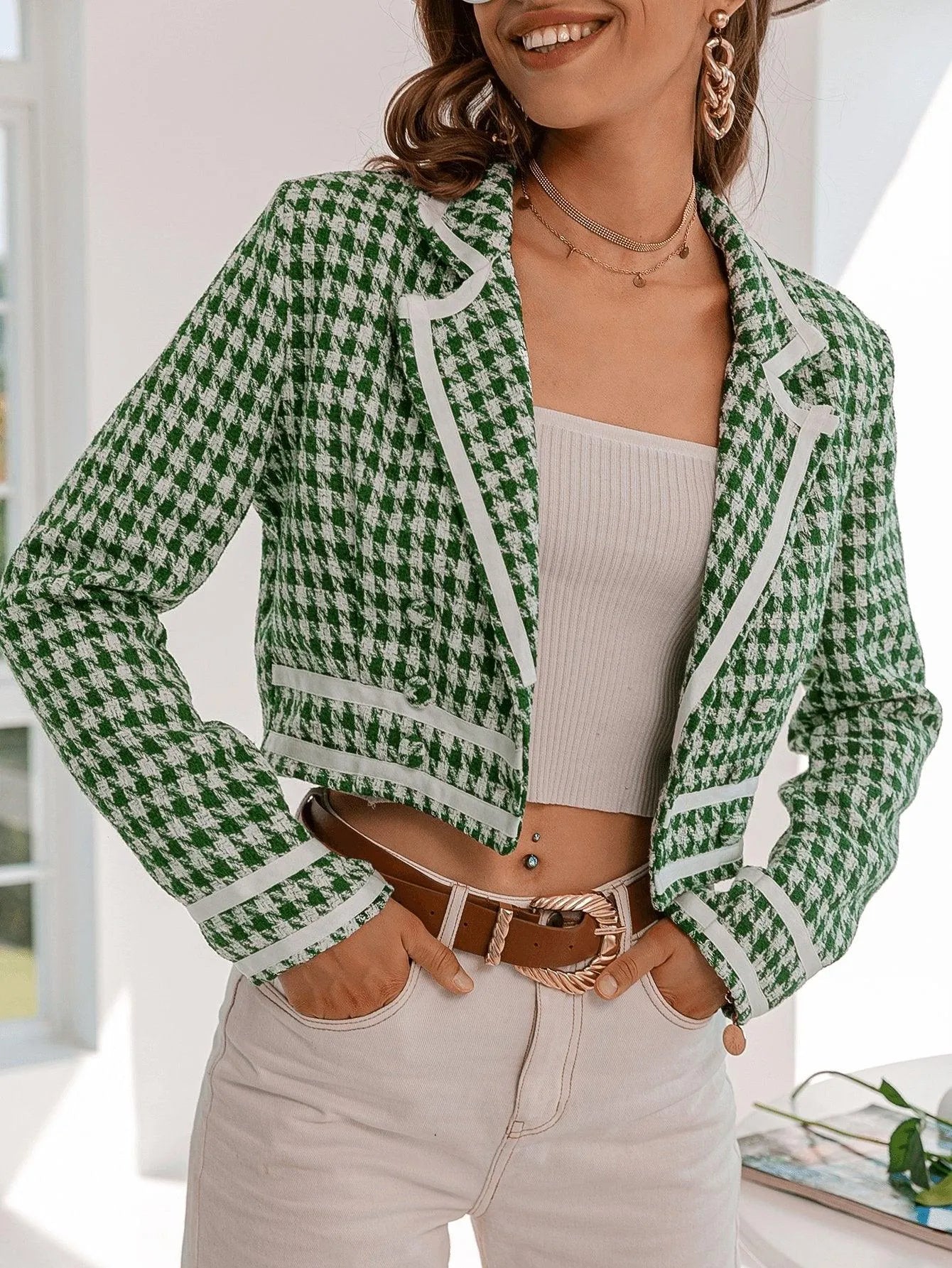 Houndstooth Double-Breasted Cropped Jacket Jewelry Bubble