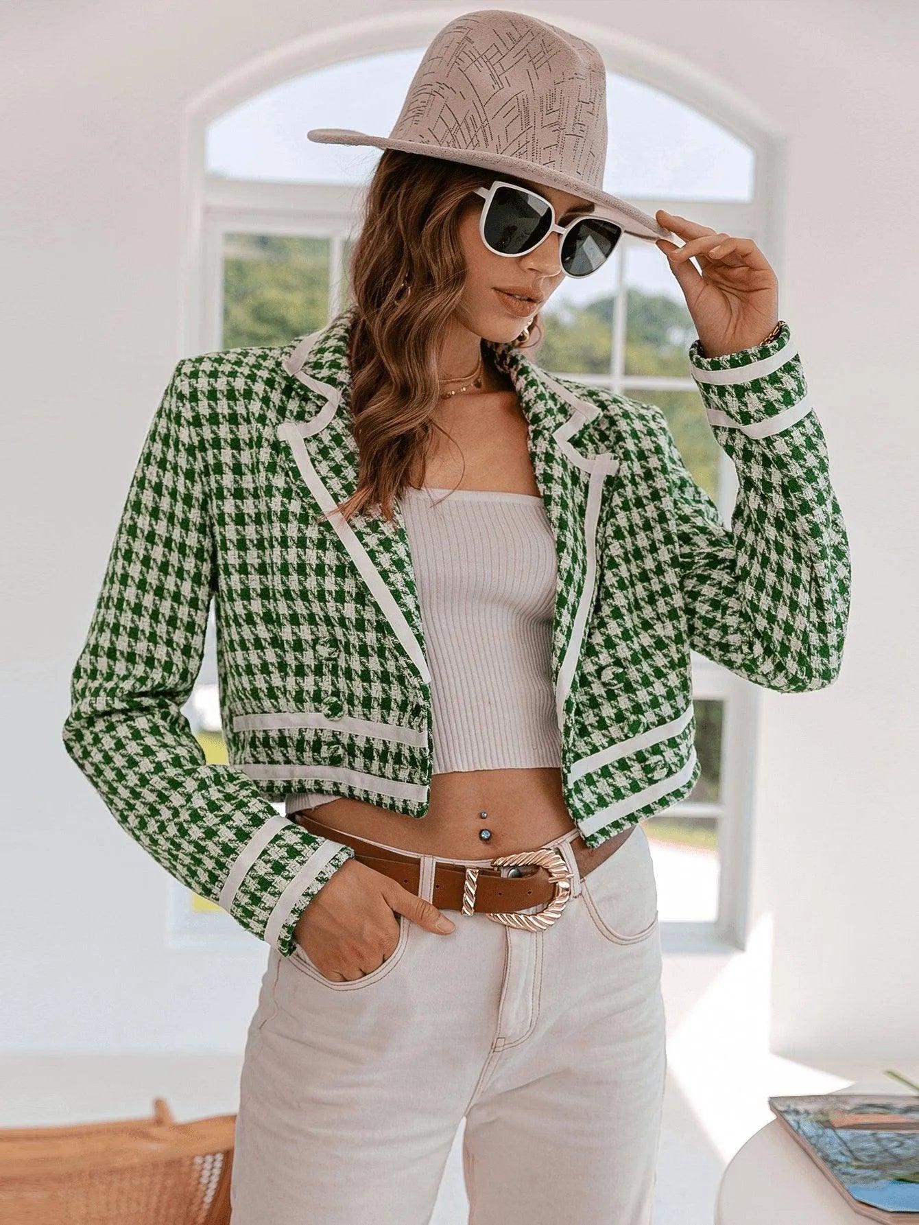 Houndstooth Double-Breasted Cropped Jacket Jewelry Bubble