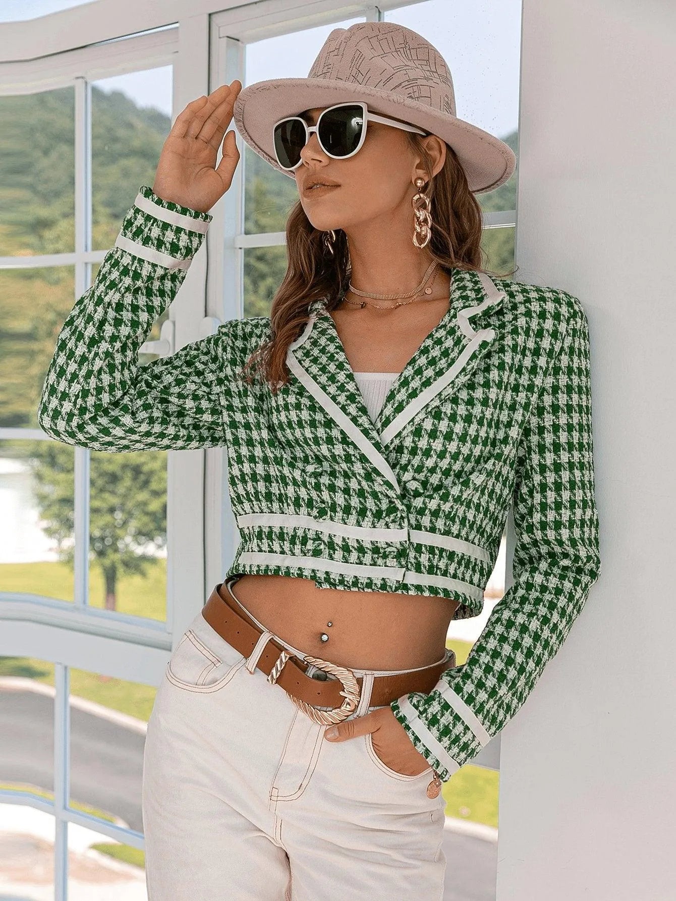 Houndstooth Double-Breasted Cropped Jacket Jewelry Bubble