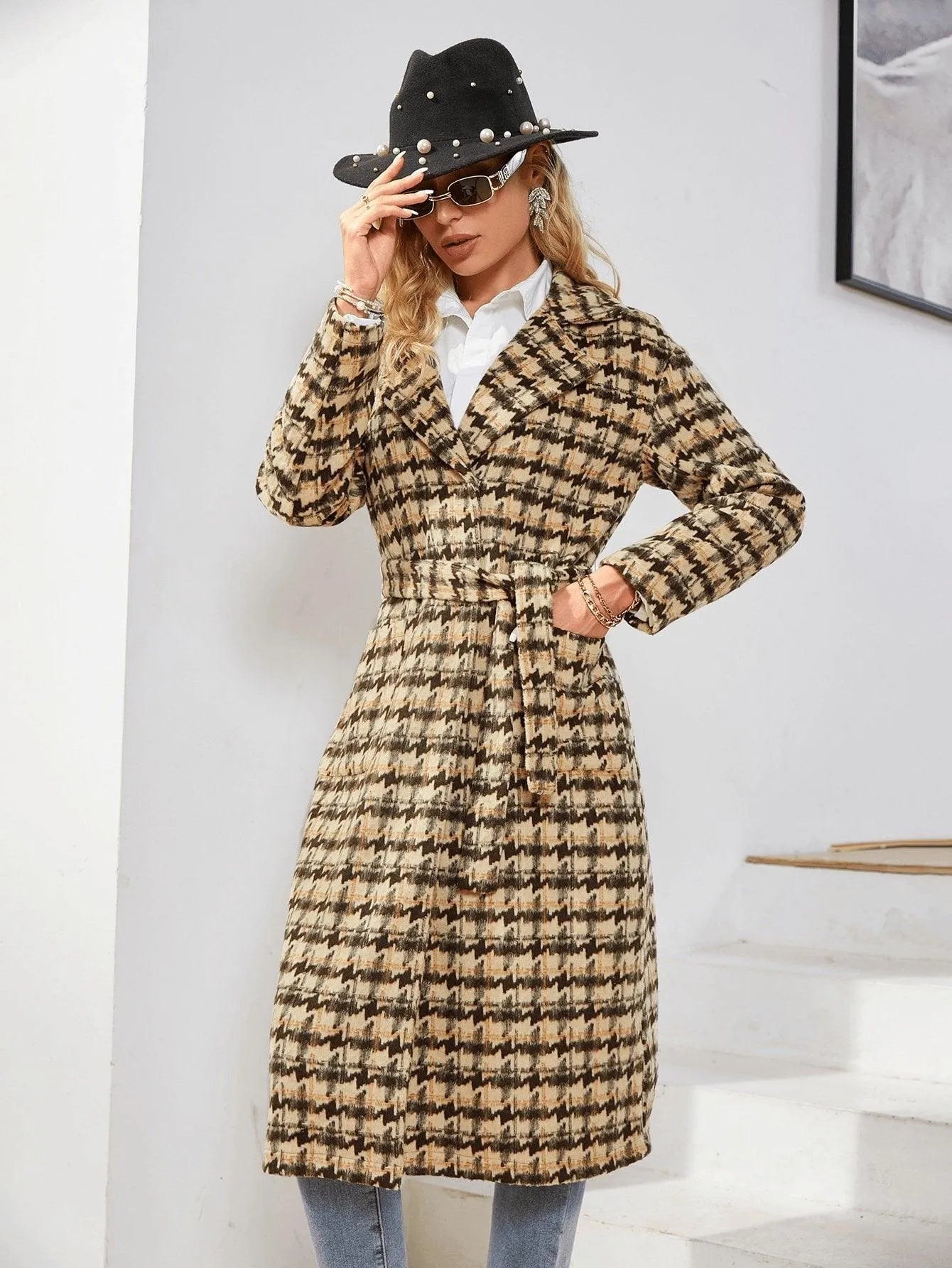 Houndstooth Pattern Lapel Neck Double Pocket Belted Tweed Overcoat Jewelry Bubble