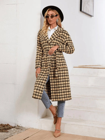 Houndstooth Pattern Lapel Neck Double Pocket Belted Tweed Overcoat Jewelry Bubble