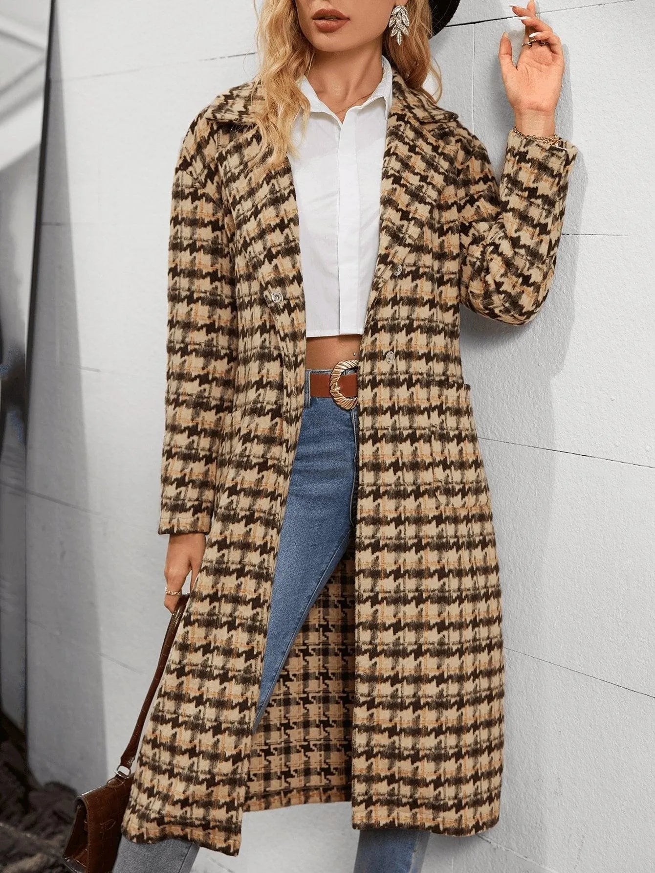 Houndstooth Pattern Lapel Neck Double Pocket Belted Tweed Overcoat Jewelry Bubble