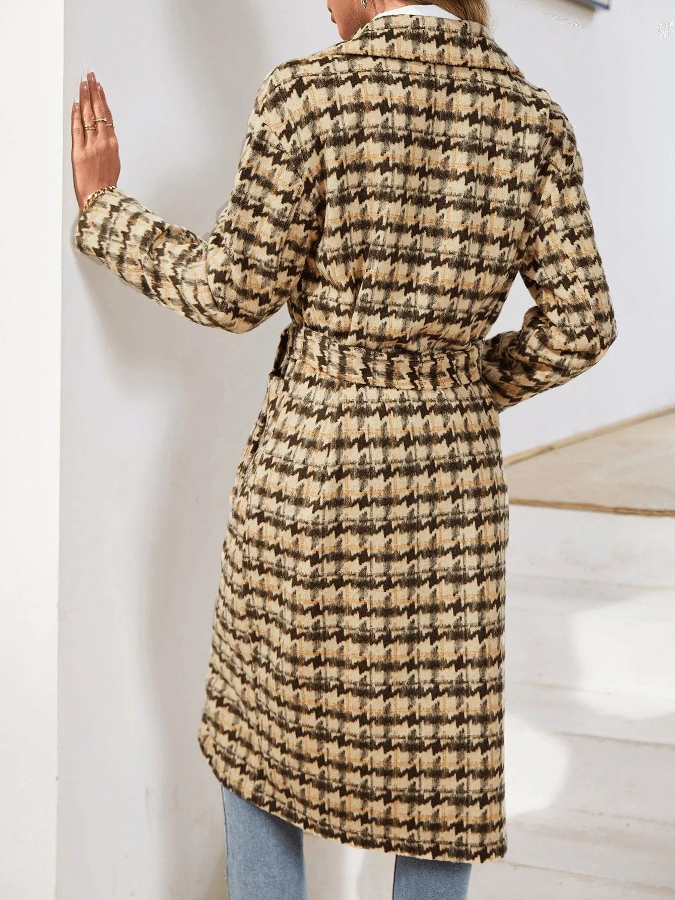 Houndstooth Pattern Lapel Neck Double Pocket Belted Tweed Overcoat Jewelry Bubble