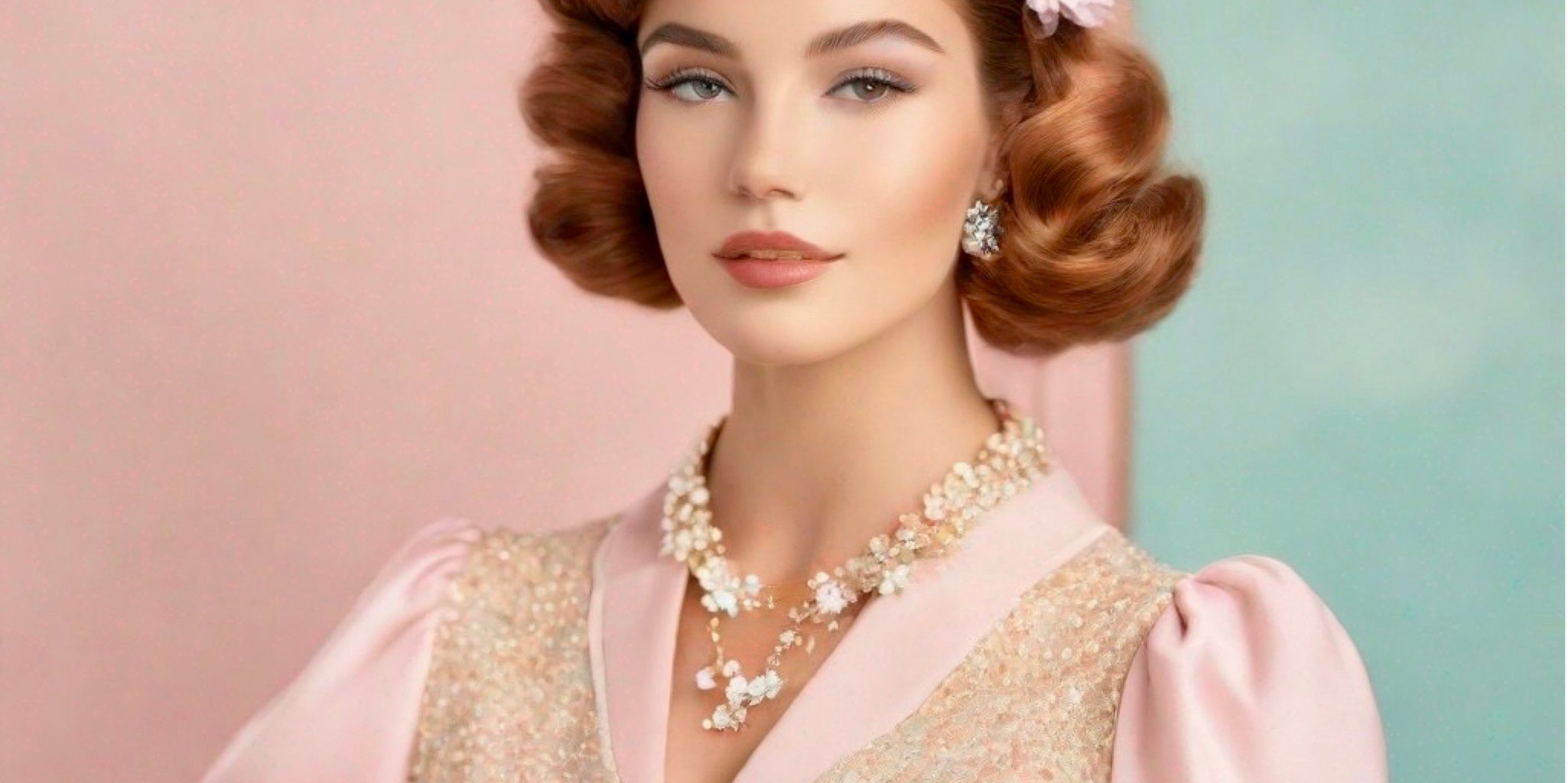 Woman dressed in circa 1950s clothing and jewelry against pink and green background