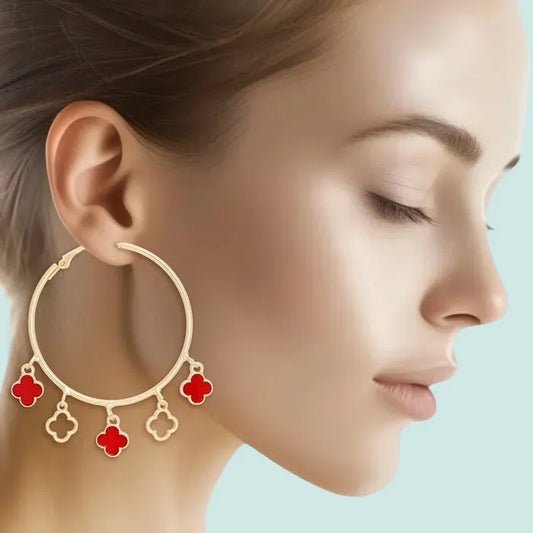 Radiant Gold Hoop Earrings with Red Clover Charms