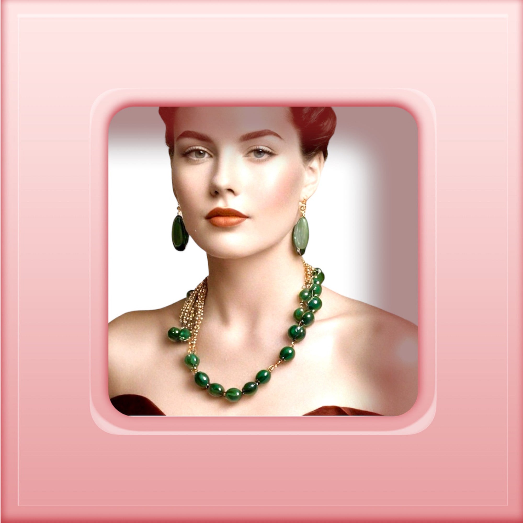 Women wear a green Bakelite beaded necklace with matching gree earrings that dangle