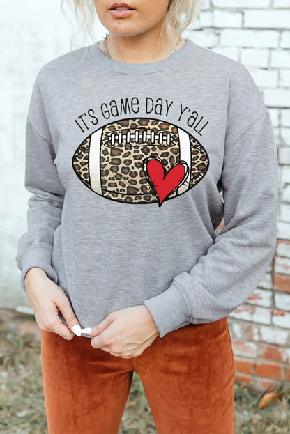 IT'S GAME DAY Y'ALL Leopard Rugby Print Graphic Sweatshirt in Gray Jewelry Bubble