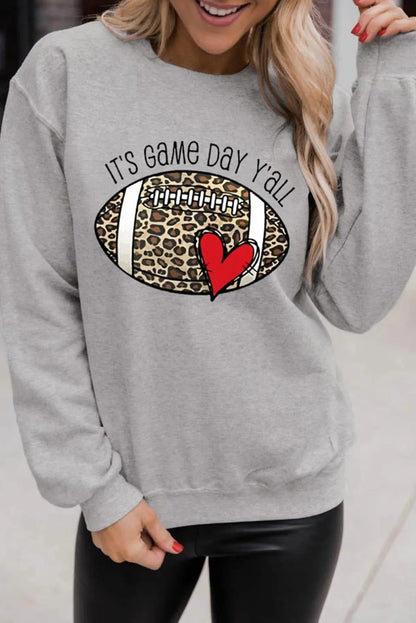 IT'S GAME DAY Y'ALL Leopard Rugby Print Graphic Sweatshirt in Gray Jewelry Bubble