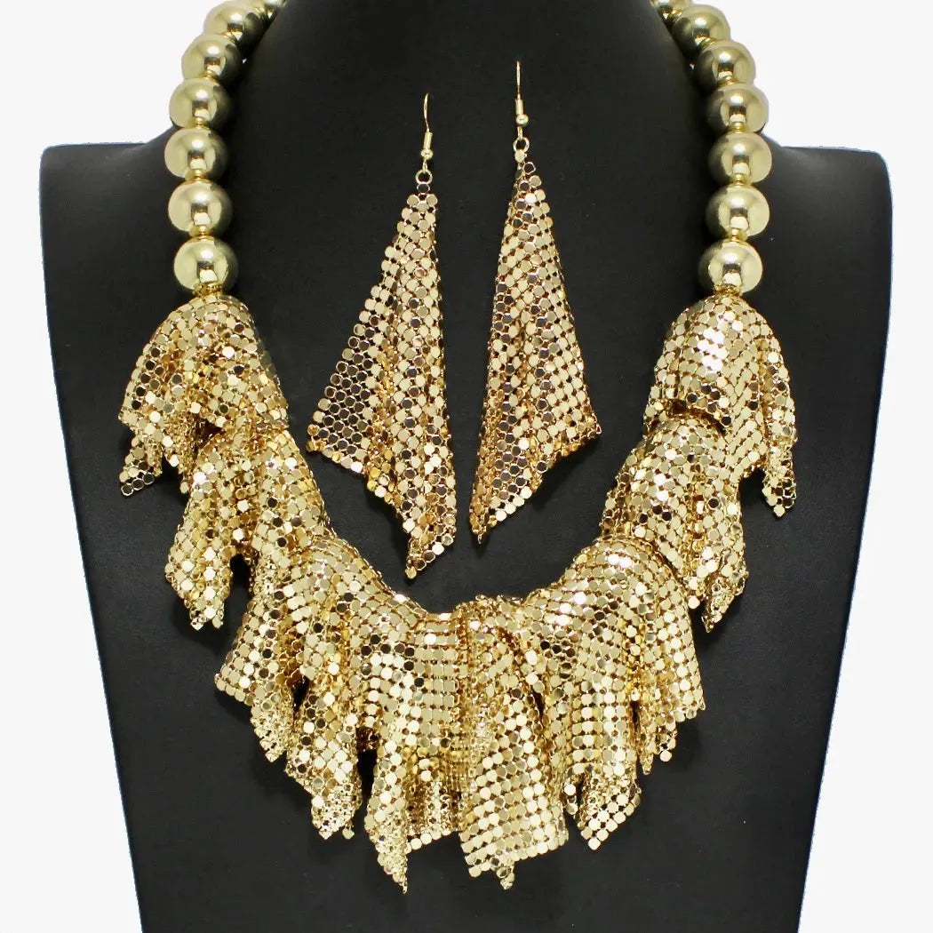 Iconic Mesh Bead Necklace Set: Bold Gold Fashion Jewelry Jewelry Bubble