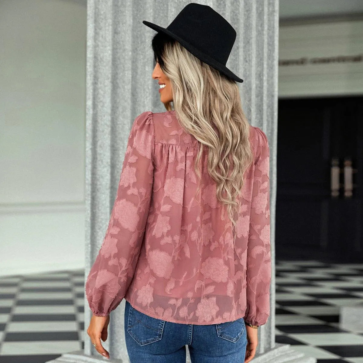 Jacquard Long Sleeve Chiffon Blouse Jewelry Bubble