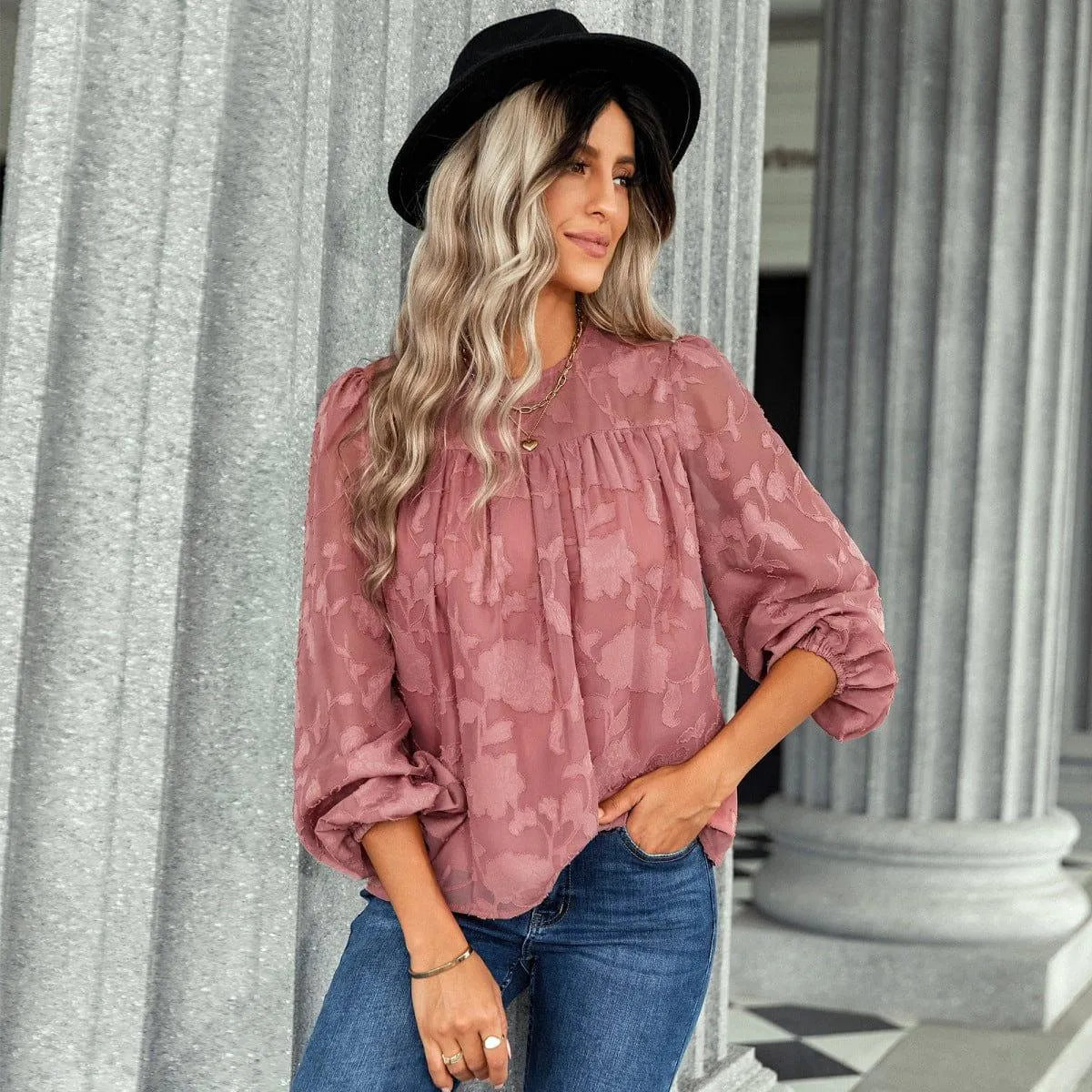 Jacquard Long Sleeve Chiffon Blouse Jewelry Bubble