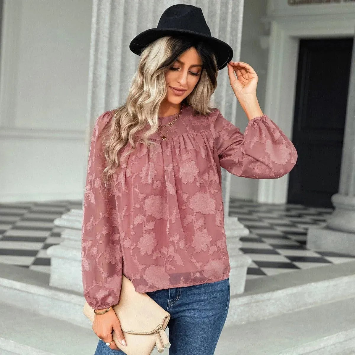Jacquard Long Sleeve Chiffon Blouse