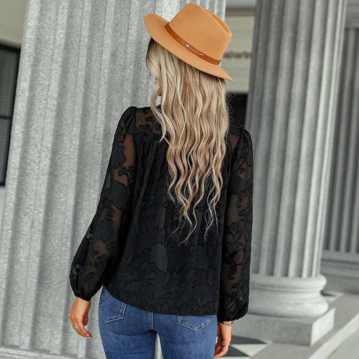 Jacquard Long Sleeve Chiffon Blouse Jewelry Bubble