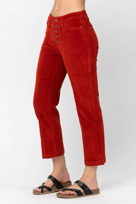 Judy Blue, Mid-Rise Button Fly Corduroy Ankle Straight Pants Jewelry Bubble