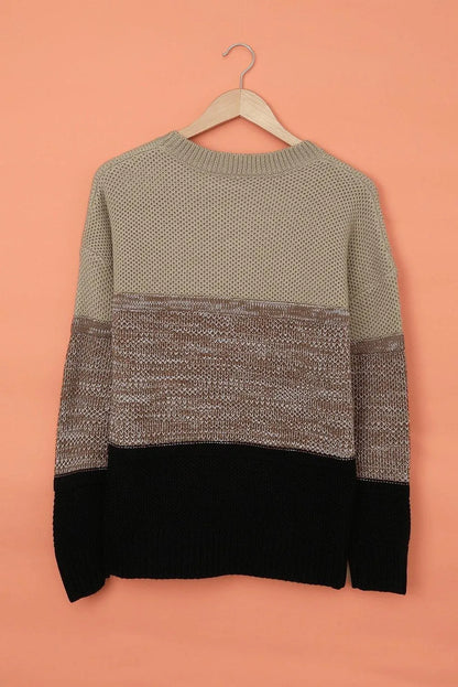 Khaki Color Block Netted Texture Pullover Sweater Jewelry Bubble