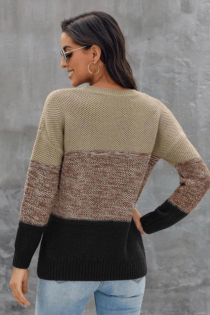 Khaki Color Block Netted Texture Pullover Sweater Jewelry Bubble